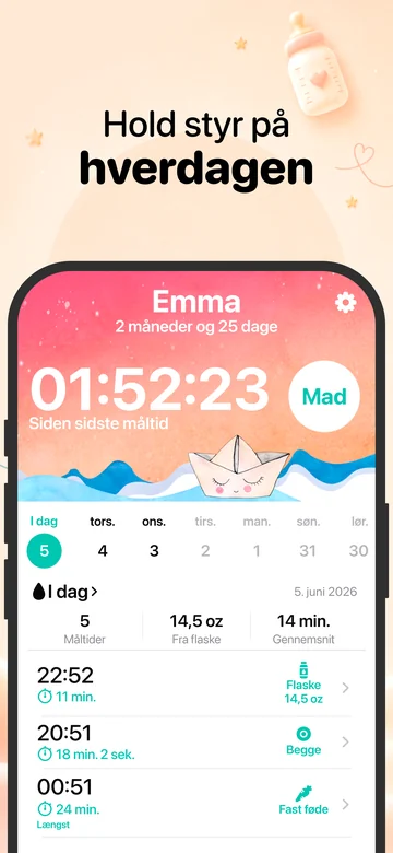 Måltidsvisningen i Grow på iPhone med registreringer af amning og flaskemåltider