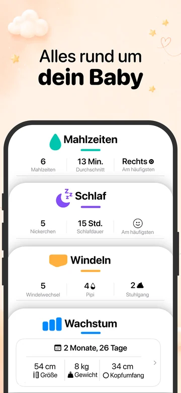 Grow auf dem iPhone mit Aufzeichnungen zu Mahlzeiten, Schlaf, Windeln und Wachstum