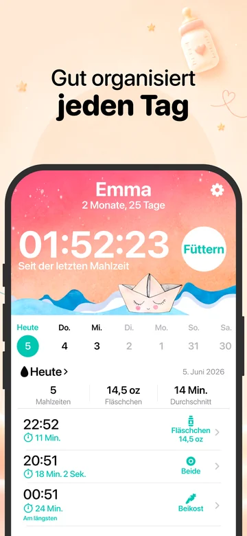 Mahlzeitenansicht von Grow auf dem iPhone mit Einträgen zum Stillen und zur Flaschenfütterung