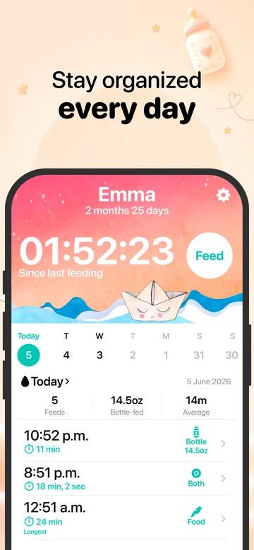 Grow feeding screen on iPhone with breastfeeding and bottle records