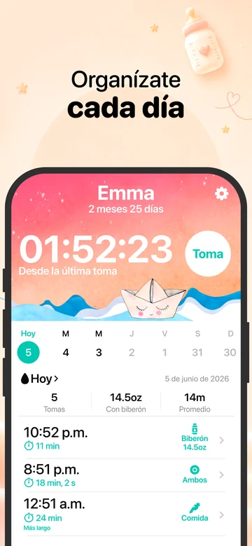 Pantalla de alimentación de Grow en iPhone con registros de lactancia y biberón