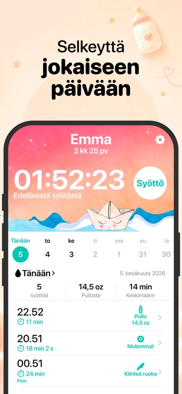 Grow'n syöttönäkymä iPhonessa, jossa näkyy imetys- ja pulloruokintakirjauksia
