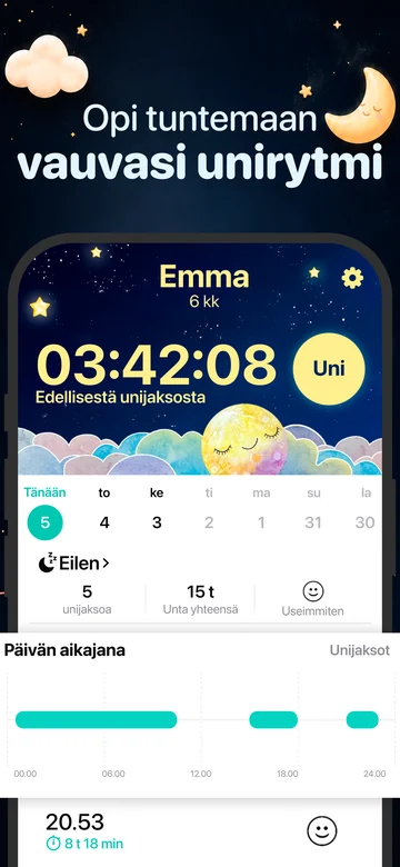 Grow'n unikirjaukset ja päivän unen aikajana iPhonessa