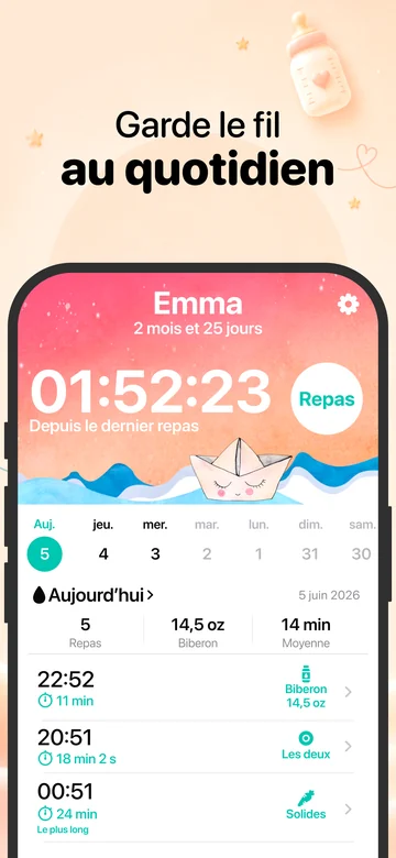 Écran des repas de Grow sur iPhone avec les enregistrements d’allaitement et de biberons