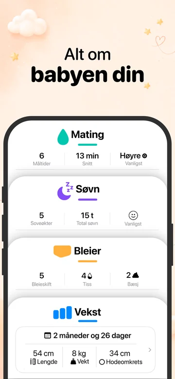 Grow på iPhone med registrering av mating, søvn, bleieskift og vekst