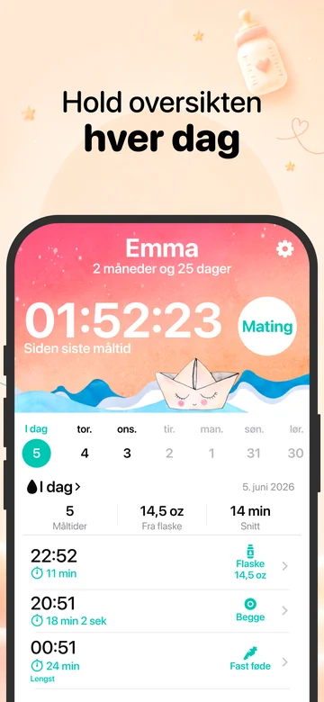 Matingsvisningen i Grow på iPhone med registreringer av amming og flaskemating