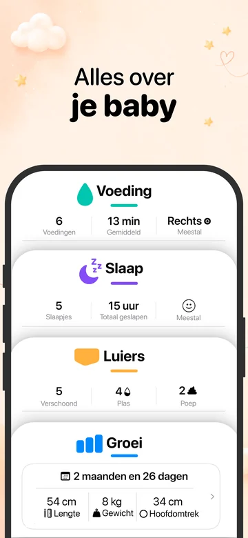 Grow op iPhone met registraties van voeding, slaap, luiers en groei van je baby