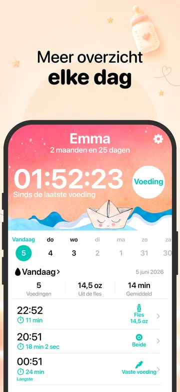 Voedingsscherm van Grow op iPhone met registraties van borstvoeding en flesvoeding