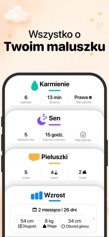 Grow na iPhonie z zapisami karmienia, snu, zmian pieluszek i wzrostu dziecka