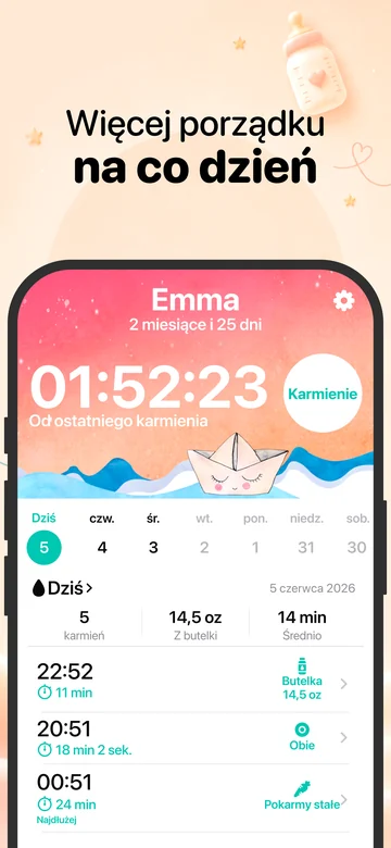 Ekran karmienia w Grow na iPhonie z zapisami karmienia piersią i butelką