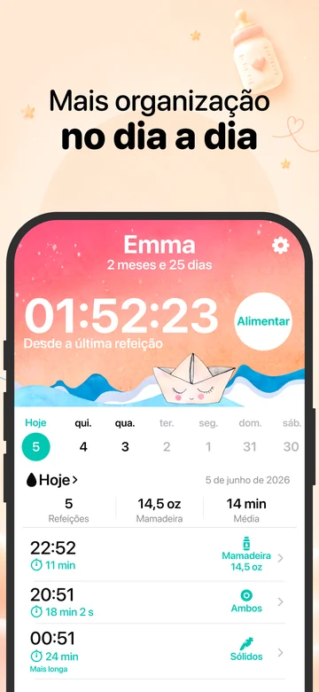 Tela de alimentação do Grow no iPhone com registros de amamentação e mamadeira
