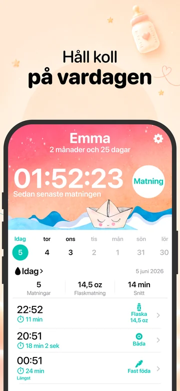 Matningsvyn i Grow på iPhone med registreringar av amning och flaskmatning