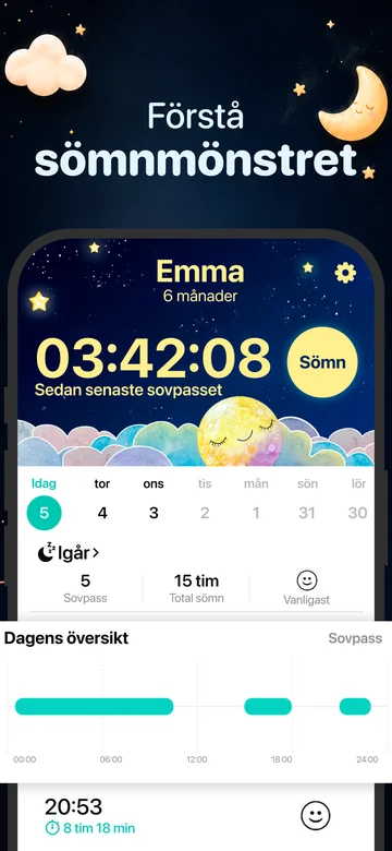 Sömnregistreringar och dagens sömntidslinje i Grow på iPhone