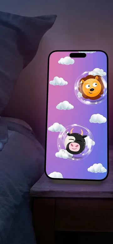 Visuel officiel de Night Light montrant des animaux dessinés dans des bulles sur l’écran d’un iPhone posé près d’un lit.