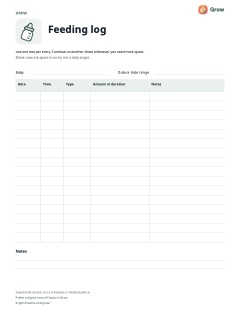 Preview of the printable Grow feeding log